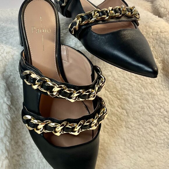 Linea Paolo Aurel Mules | Black Pointed Toe Flats w/ Double Chain | Size 8.5 - Picture 13 of 16